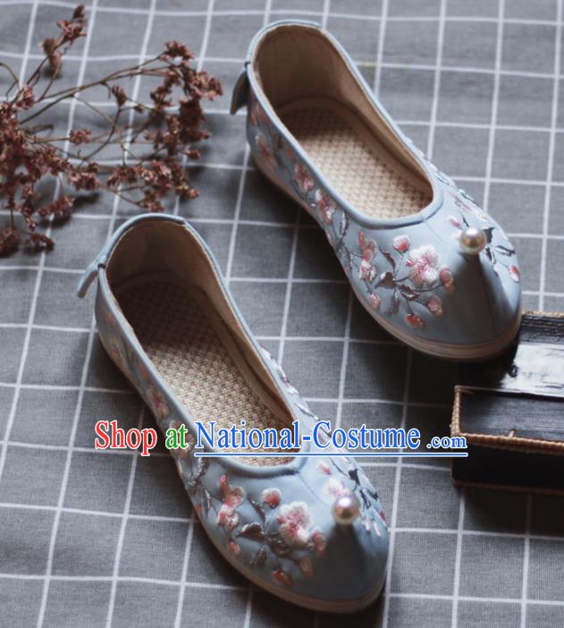 Asian Chinese Wedding Hanfu Shoes Traditional Ancient Princess Pearl Blue Embroidered Shoes for Women