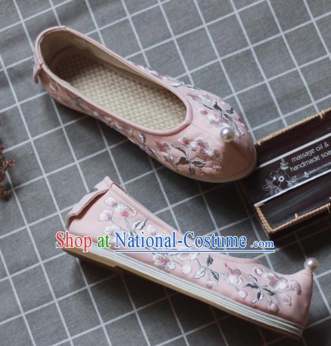 Asian Chinese Wedding Hanfu Shoes Traditional Ancient Princess Pearl Pink Embroidered Shoes for Women