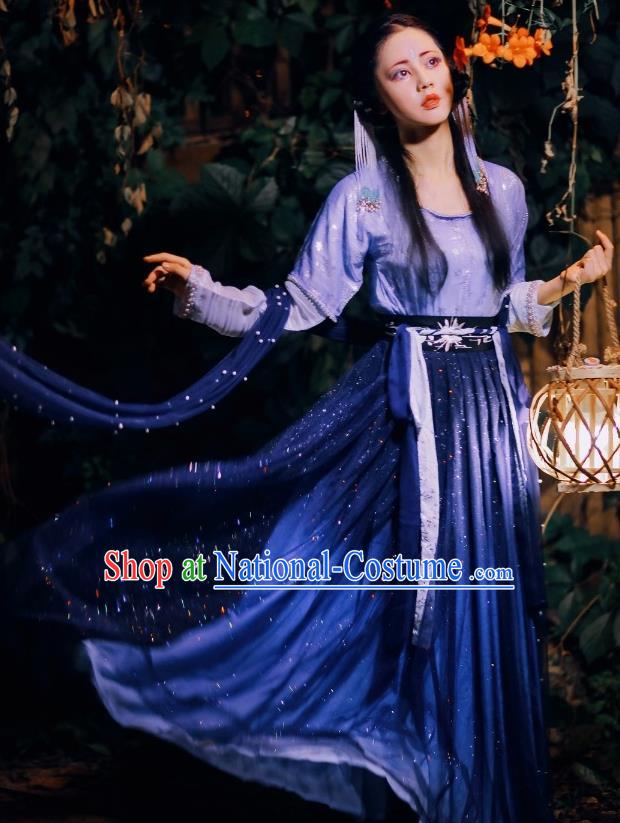 Chinese Traditional Tang Dynasty Court Maid Blue Hanfu Dress Ancient Peri Costume for Women