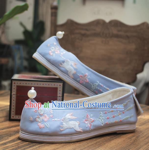 Asian Chinese Wedding Hanfu Shoes Traditional Ancient Princess Blue Embroidered Shoes for Women