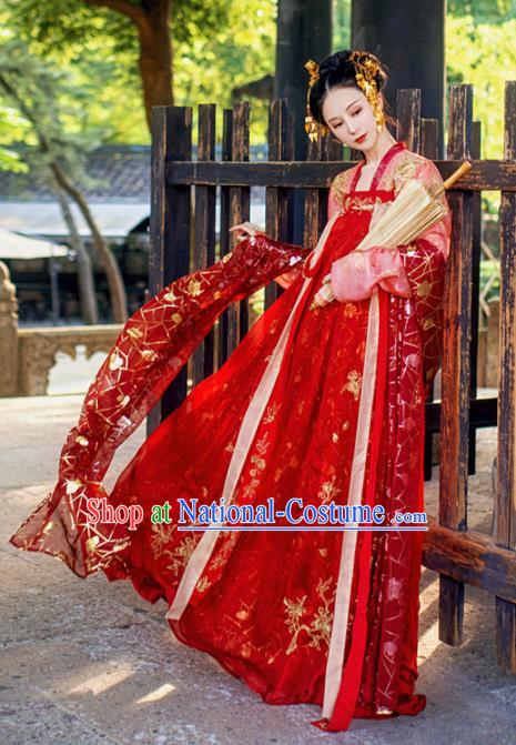 Chinese Traditional Tang Dynasty Wedding Embroidered Historical Costume Ancient Peri Princess Red Hanfu Dress for Women