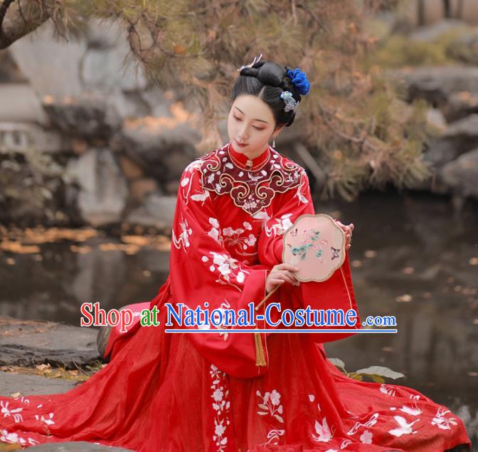 Chinese Traditional Ming Dynasty Wedding Historical Hanfu Dress Ancient Palace Princess Red Embroidered Costume for Women