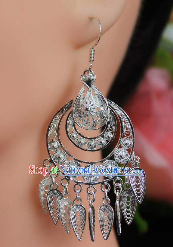 Traditional Chinese Miao Nationality Sliver Ear Accessories Hmong Female Wedding Tassel Earrings for Women