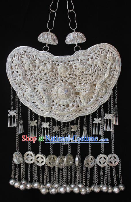 Traditional Chinese Miao Nationality Sliver Carving Accessories Hmong Wedding Large Tassel Necklace for Women