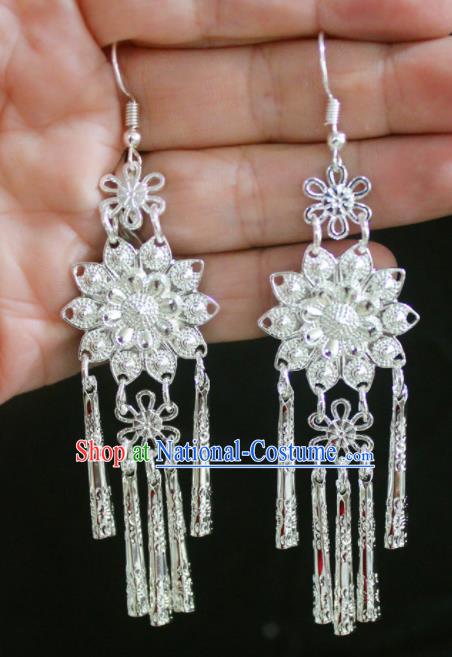 Traditional Chinese Sliver Flower Tassel Ear Accessories Miao Nationality Wedding Earrings for Women