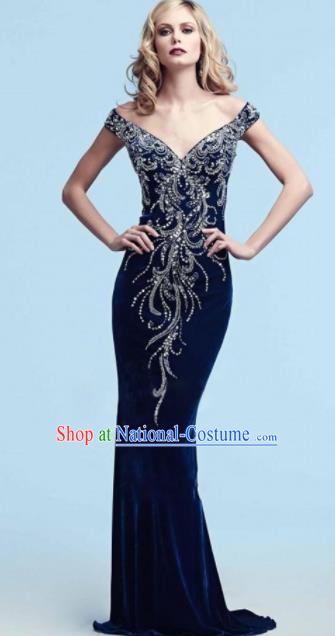 Professional Compere Embroidered Beads Navy Full Dress Modern Dance Princess Wedding Dress for Women