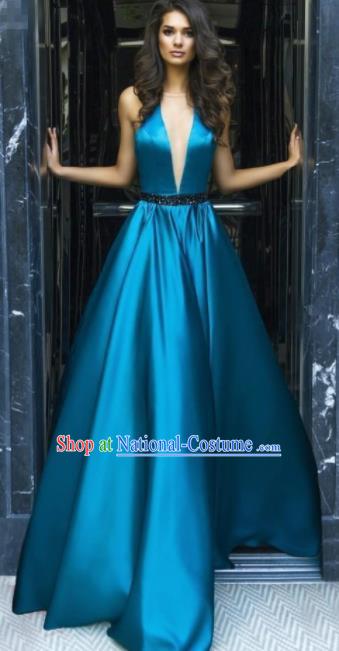 Professional Compere Blue Satin Full Dress Modern Dance Princess Wedding Dress for Women