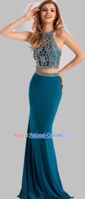 Top Grade Compere Costume Peacock Blue Full Dress Modern Dance Princess Wedding Dress for Women