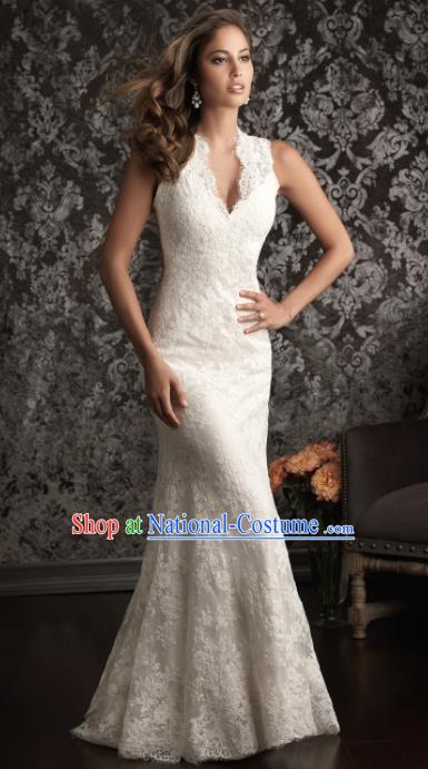 Professional Princess Embroidered White Lace Trailing Wedding Dress Modern Dance Compere Full Dress for Women