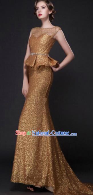 Top Grade Compere Modern Fancywork Costume Golden Trailing Full Dress Princess Wedding Dress for Women