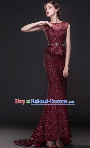 Top Grade Compere Modern Fancywork Costume Wine Red Trailing Full Dress Princess Wedding Dress for Women