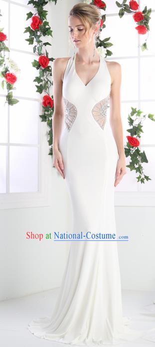 Top Grade White Crystal Full Dress Compere Modern Fancywork Costume Princess Wedding Dress for Women