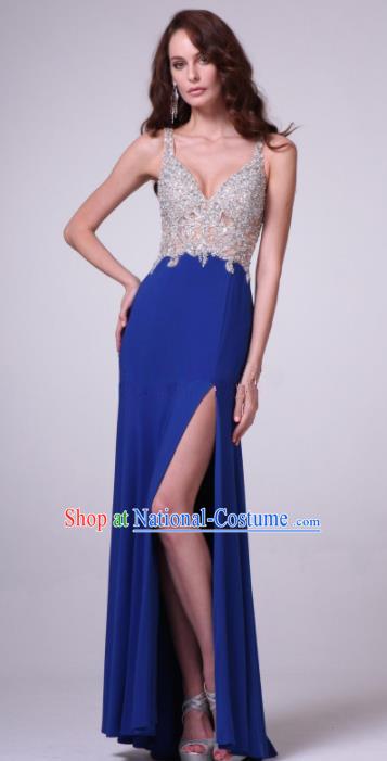 Top Grade Crystal Deep Blue Full Dress Compere Modern Fancywork Costume Princess Wedding Dress for Women