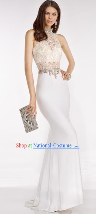 Top Grade White Lace Full Dress Compere Modern Fancywork Costume Princess Wedding Dress for Women