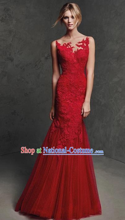 Top Grade Red Lace Full Dress Compere Modern Fancywork Costume Princess Wedding Dress for Women