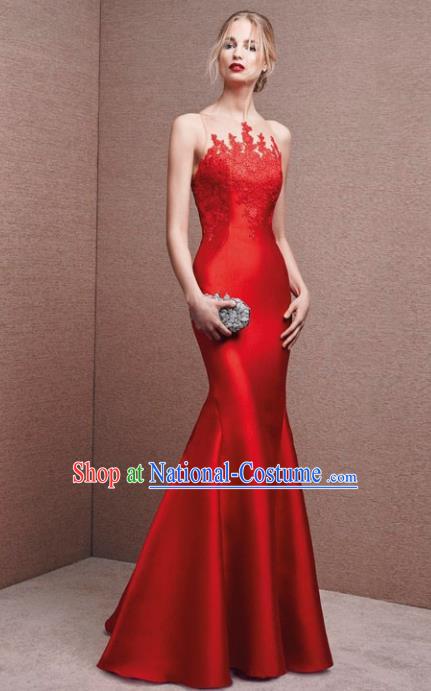 Top Grade Red Satin Full Dress Compere Modern Fancywork Costume Princess Wedding Dress for Women