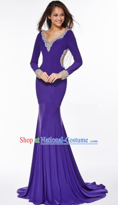 Top Grade Purple Trailing Full Dress Compere Modern Fancywork Costume Princess Wedding Dress for Women