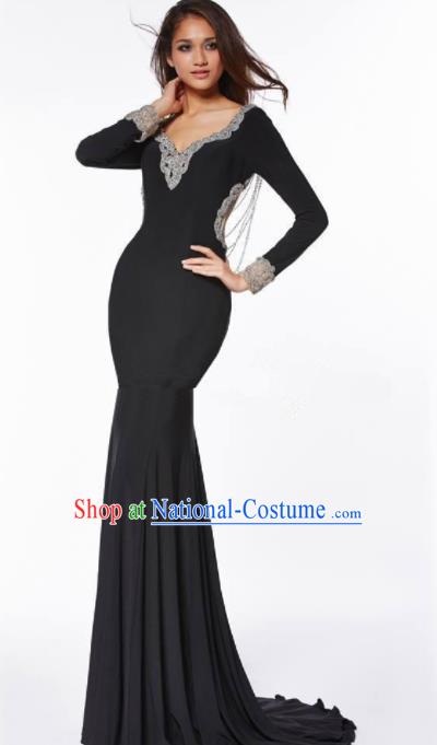 Top Grade Black Trailing Full Dress Compere Modern Fancywork Costume Princess Wedding Dress for Women