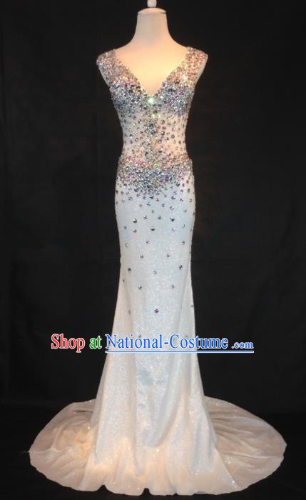 Professional Compere White Diamante Full Dress Modern Dance Princess Wedding Dress for Women