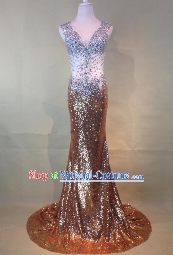 Professional Compere Golden Diamante Full Dress Modern Dance Princess Wedding Dress for Women