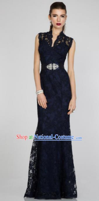 Top Grade Navy Lace Full Dress Compere Modern Fancywork Costume for Women