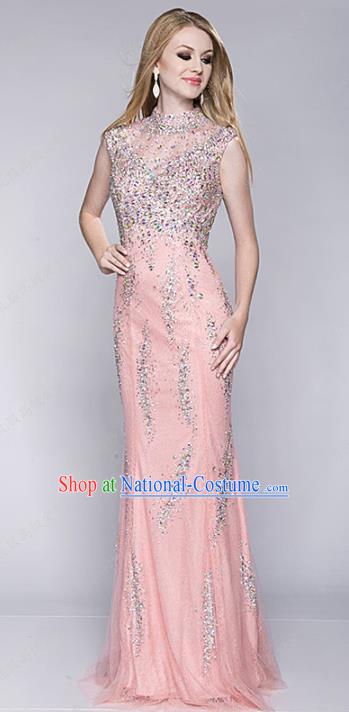 Top Grade Pink Veil Crystal Full Dress Compere Modern Fancywork Costume for Women