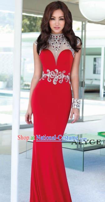 Top Grade Catwalks Red Evening Dress Compere Modern Fancywork Costume for Women