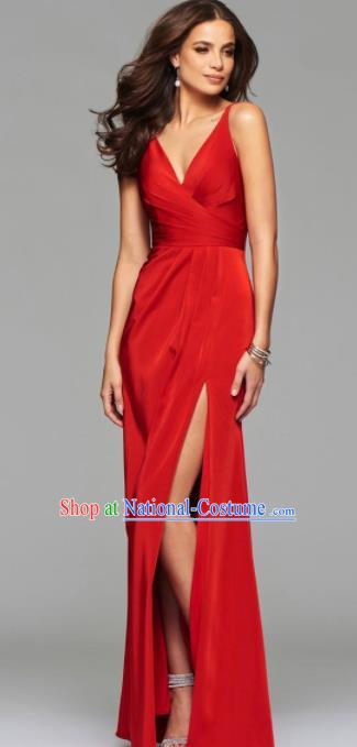 Top Grade Catwalks Red Satin Evening Dress Compere Modern Fancywork Costume for Women