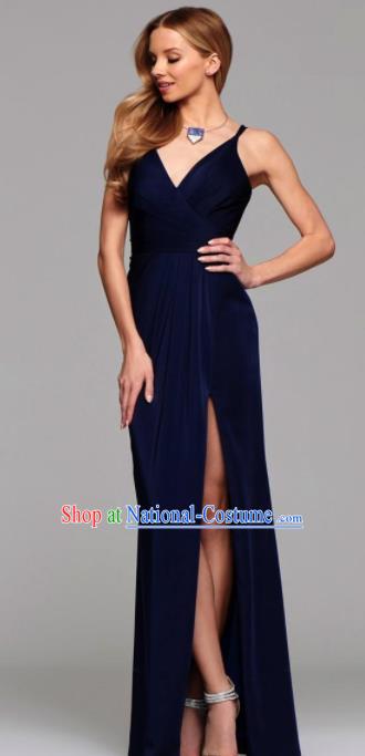 Top Grade Catwalks Navy Satin Evening Dress Compere Modern Fancywork Costume for Women