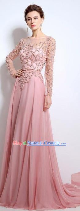 Top Grade Catwalks Pink Embroidered Beads Evening Dress Compere Modern Fancywork Costume for Women