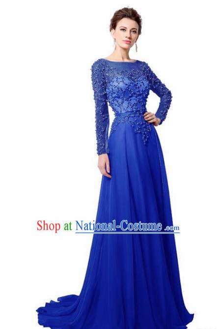 Top Grade Catwalks Royalblue Embroidered Beads Evening Dress Compere Modern Fancywork Costume for Women