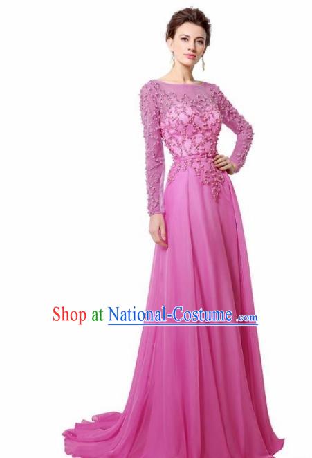 Top Grade Catwalks Rosy Embroidered Beads Evening Dress Compere Modern Fancywork Costume for Women