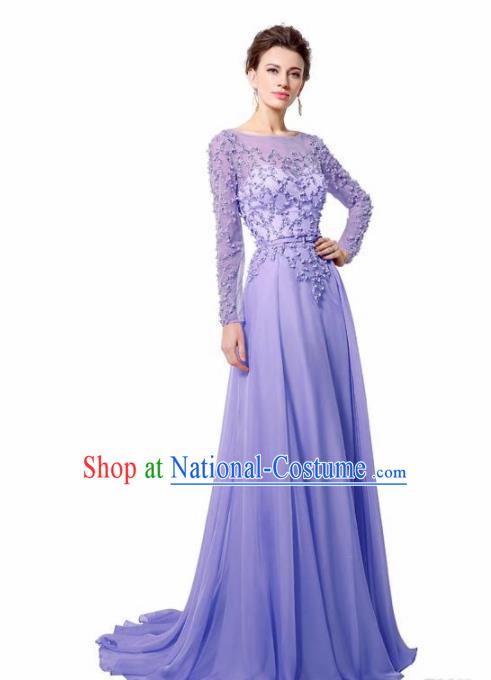 Top Grade Catwalks Purple Embroidered Beads Evening Dress Compere Modern Fancywork Costume for Women