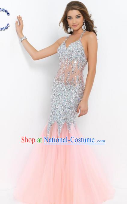 Top Grade Catwalks Pink Veil Fishtail Crystal Evening Dress Compere Modern Fancywork Costume for Women