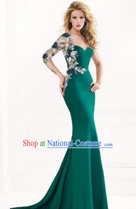 Top Grade Catwalks Deep Green Embroidered Evening Dress Compere Modern Fancywork Costume for Women