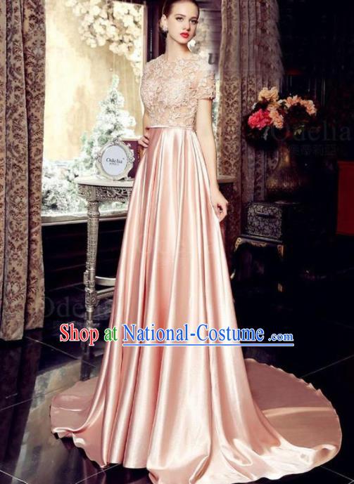 Top Grade Catwalks Pink Embroidered Lace Evening Dress Compere Modern Fancywork Costume for Women