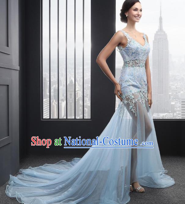 Top Grade Catwalks Blue Embroidered Lace Evening Dress Compere Modern Fancywork Costume for Women