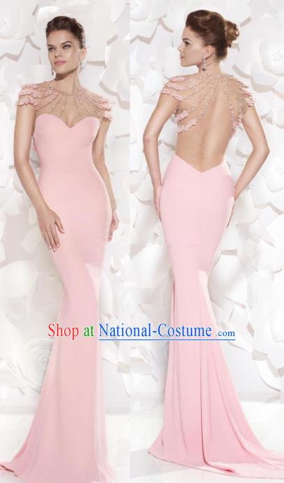 Top Grade Pink Trailing Full Dress Compere Modern Fancywork Costume Princess Wedding Dress for Women