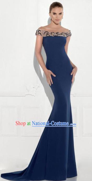 Top Grade Navy Trailing Full Dress Compere Modern Fancywork Costume Princess Wedding Dress for Women