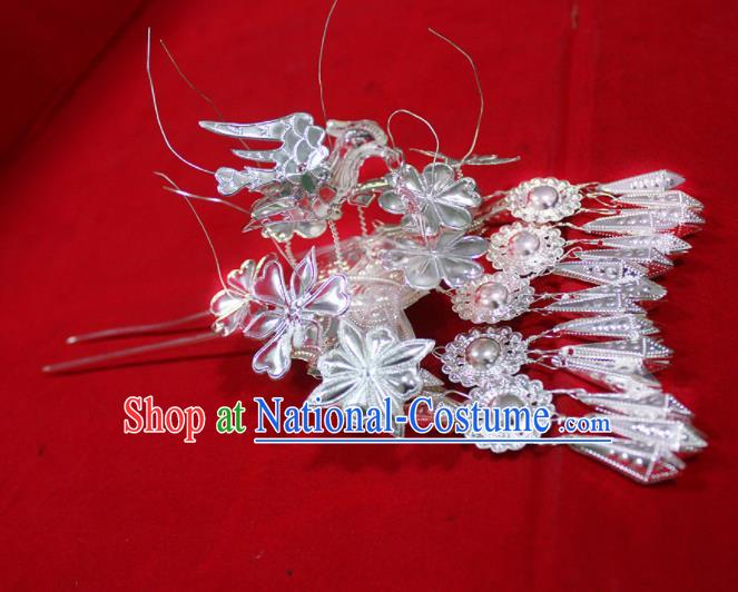 Chinese Traditional Ethnic Princess Sliver Tassel Hair Clip Miao Nationality Bride Hairpins for Women