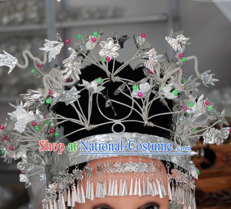 Chinese Traditional Ethnic Princess Hair Crown Sliver Tassel Phoenix Coronet Miao Nationality Bride Hairpins for Women