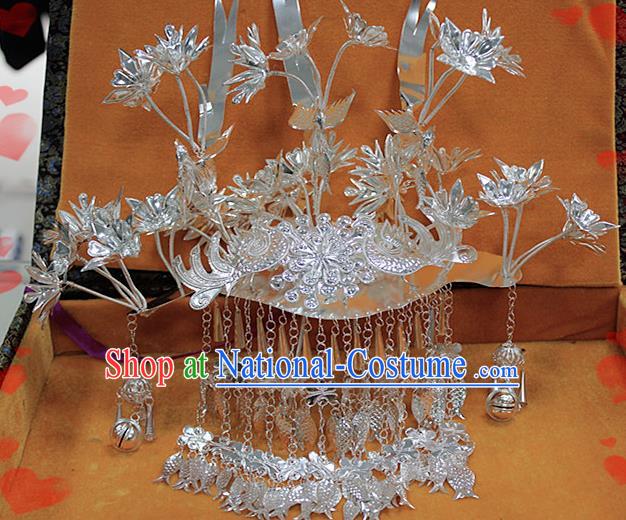 Chinese Traditional Ethnic Miao Nationality Wedding Bride Hairpins Phoenix Coronet for Women