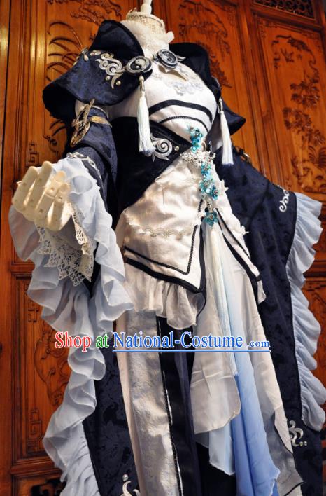 Chinese Traditional Cosplay Princess Costume Ancient Peri Swordswoman Navy Dress for Women