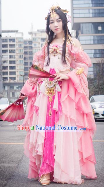 Chinese Traditional Cosplay Peri Princess Costume Ancient Swordswoman Pink Dress for Women