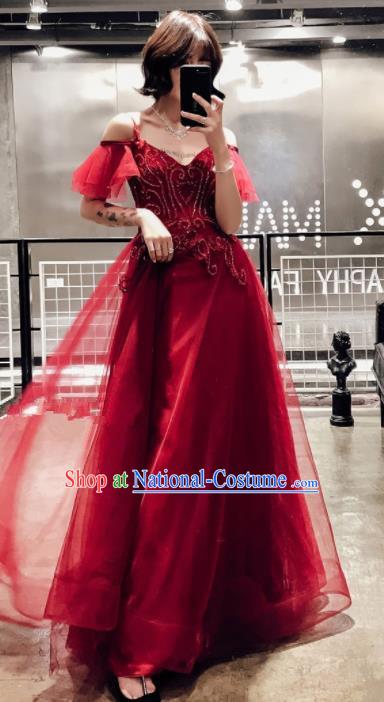 Professional Compere Costume Top Grade Red Veil Full Dress Modern Dance Clothing for Women