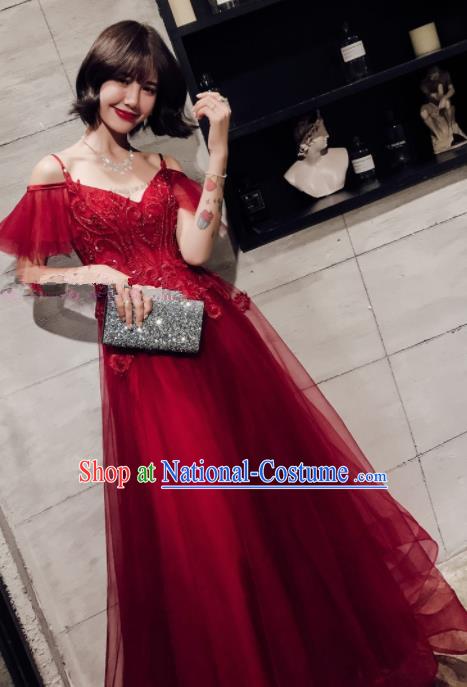 Professional Compere Costume Top Grade Red Veil Full Dress Modern Dance Clothing for Women