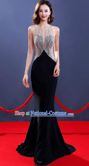 Professional Top Grade Diamante Black Full Dress Modern Dance Stage Performance Compere Costume for Women