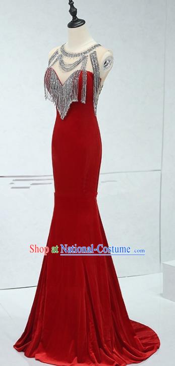 Professional Compere Sexy Red Full Dress Top Grade Modern Dance Stage Performance Costume for Women