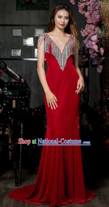 Professional Compere Red Trailing Full Dress Top Grade Modern Dance Stage Performance Costume for Women