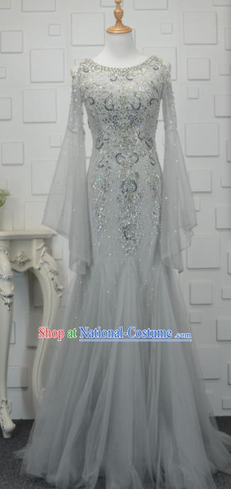 Professional Compere Grey Veil Fishtail Full Dress Top Grade Modern Dance Costume Princess Wedding Dress for Women